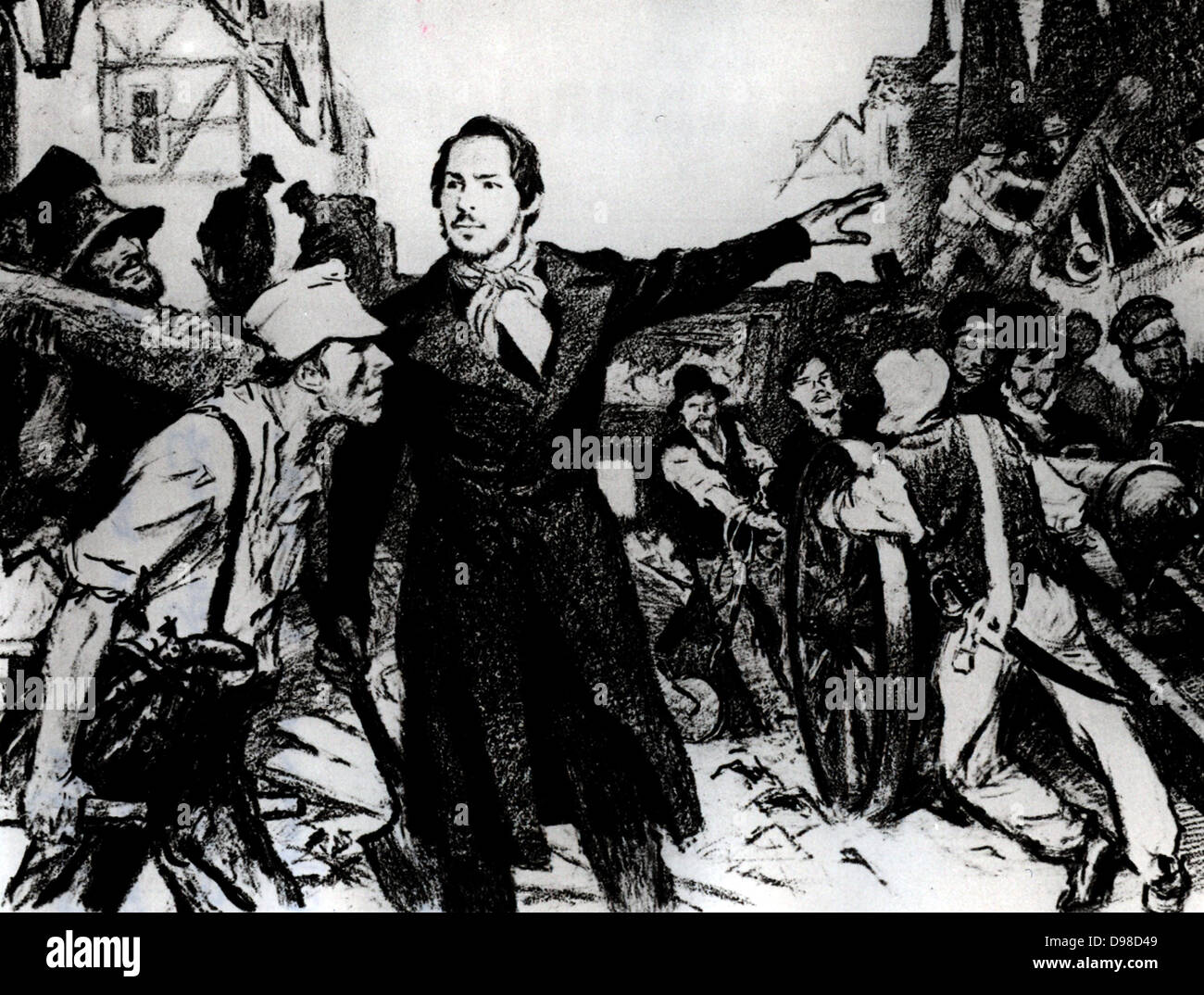 Friedrich Engels (1820-1895) Deutsche sozialistische und leitet den Bau einer Barrikade in den Straßen von Elberfeld während der Unruhen vom Mai 1849 in Preußen. Stockfoto