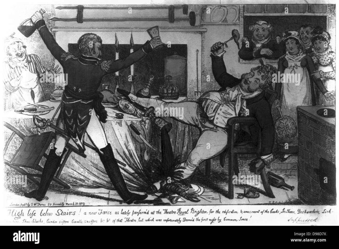Hohe Lebensdauer unten Treppe: Prince Regent, später George IV, sehr betrunken, essen Essen in der Küche des Brighton Pavillon. Cartoon von George Cruikshank Snr, London, 1819. Stockfoto