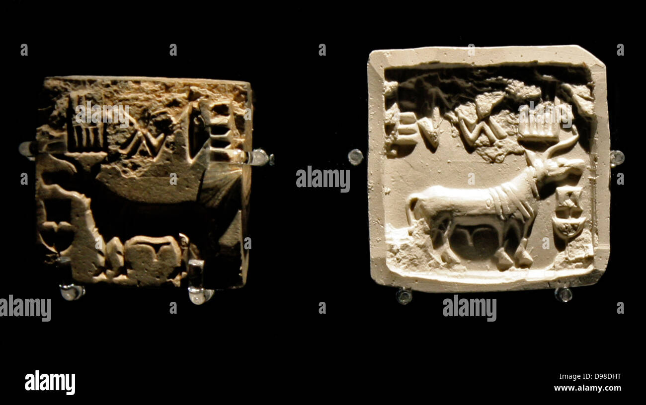 Quadratische Dichtung, Harappa, Sindh, etwa 2000 v. Chr.. Glasierter steatit. Indus Dichtungen wurden am häufigsten verwendeten Bündel von Handelswaren zu markieren. Diese bekannte Art zeigt ein Rind, bevor ein Ritual stand Gehörnten, mit Zeichen in der undeciphered Indus script. Stockfoto