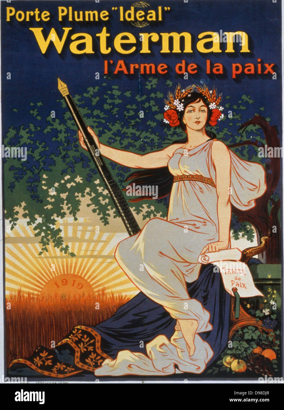 "Ideale" Waterman Kugelschreiber, die Waffe des Friedens zu tragen. " Werbung für Waterman Füller in Frankreich 1919 veröffentlicht. Stockfoto