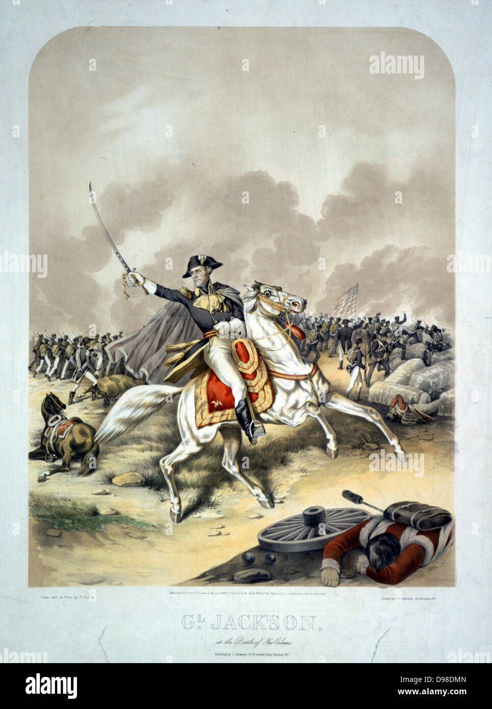 Anglo-amerikanische Krieg 1812-1815 (1812): General Andrew Jackson (1767-1845) in der Schlacht von New Orleans vom 8. Januar 1815, auf einem weißen Pferd, die amerikanischen Truppen zum Sieg in diesem führenden, die letzte große Schlacht des Krieges. Farbige Lithographie von C Severin, c 1856. Stockfoto