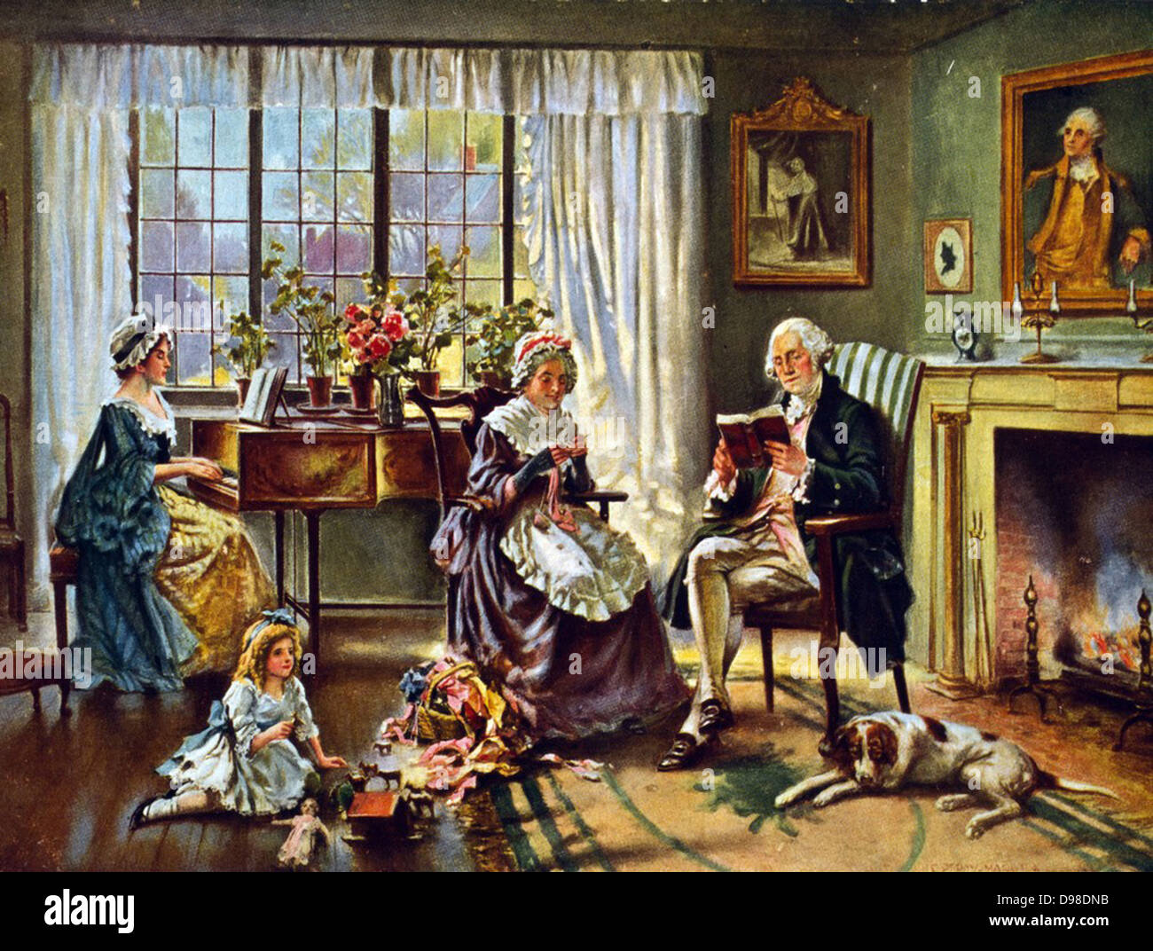 George Washington (1732-1799), der erste Präsident der Vereinigten Staaten von Amerika (1789-1797). Washington zu Hause mit seiner Familie. Nach dem Lackieren von Edward P Moran (1862-1935). Stockfoto