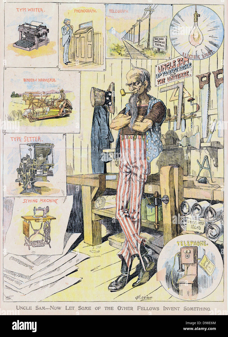 Uncle Sam - lassen Sie uns jetzt einige der anderen Fellows etwas erfinden": Cartoon von Charles Nelan (1858-1904) von der "New York Herald" vom 9. Januar 1898. . Uncle Sam in Werkstatt, mit Schreibmaschine, Plattenspieler, Reaper, Telegraph, Telefon, etc. umgeben Stockfoto
