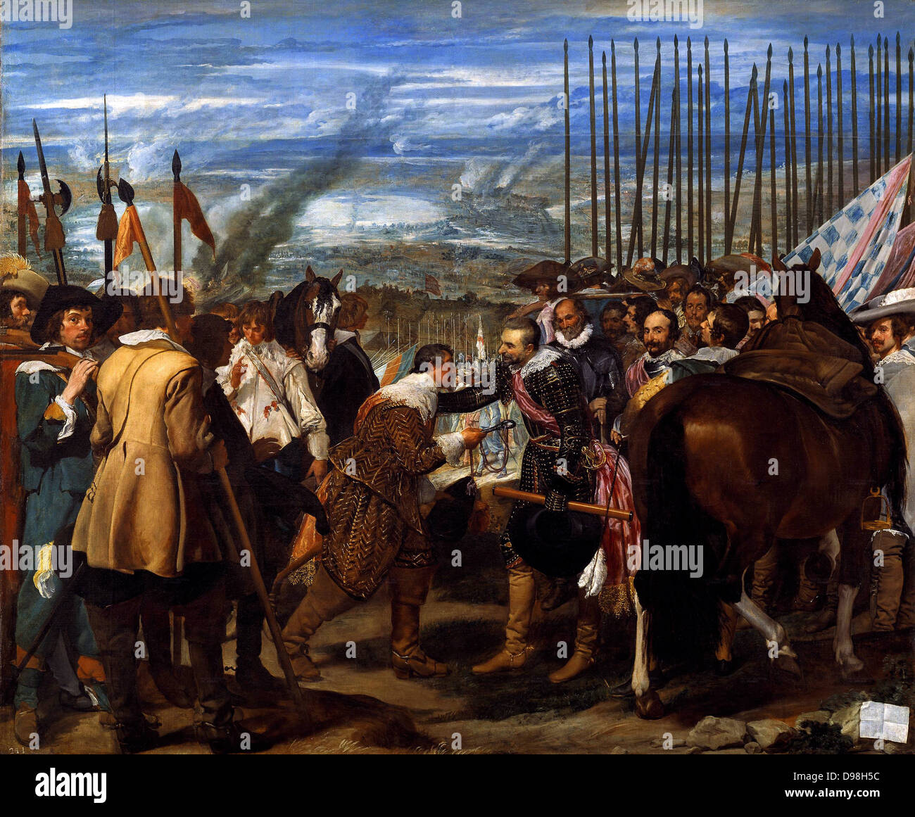 Diego Velázquez (1599-1660), spanischer Maler. Die Übergabe von Breda, oder die Lanzen. Öl auf Leinwand, 1635. der Belagerung von Breda ist der Name für zwei große Belagerungen des 80-jährigen Krieges und des Dreißigjährigen Krieges. Die niederländische Festungsstadt Breda fiel auf eine Spanische Armee unter Ambrosio Spinola 1625; es wurde von Friedrich Heinrich von Oranien 1637 bei der Belagerung von Breda wiederholt Stockfoto
