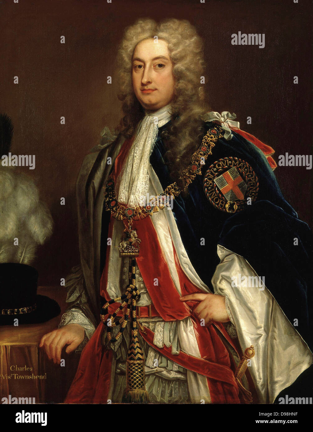 Charles Townshend, 2. Viscount Townshend Bt, KG, PC (18. April 1674. - 21. Juni 1738) British Whig Staatsmann. Er diente seit einem Jahrzehnt als Staatssekretär, Regie britische Außenpolitik. Er wurde oft als Rübe Townshend wegen seiner starken Interesse an der Landwirtschaft bekannt. Unbekannt nach Sir Godfrey Kneller (1646-1723) Stockfoto