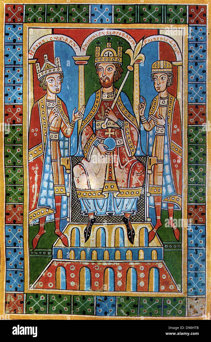 Friedrich I Barbarossa und seine Söhne König Heinrich VI. und Herzog Friedrich VI. Mittelalterliche Beleuchtung von chronischen der Guelfen (Kloster Weingarten, 1179-1191). Stockfoto Friedrich I Barbarossa und seine Söhne König Heinrich VI. und Herzog Friedrich VI. Mittelalterliche Beleuchtung von chronischen der Guelfen (Kloster Weingarten, 1179-1191). Stockfoto