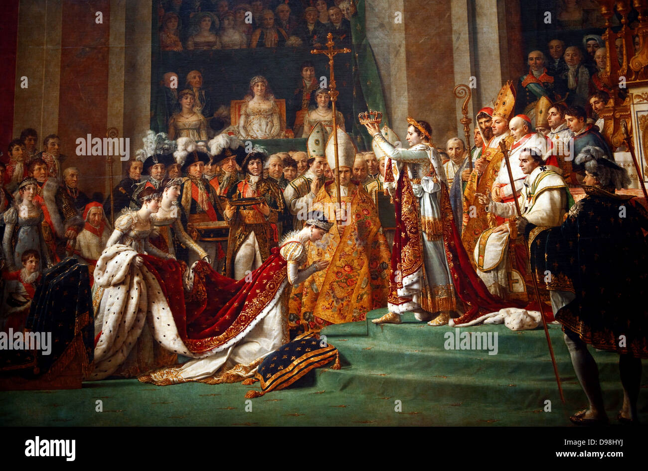 "Die Krönung Napoleons' Malerei 1807 von Jacques-Louis David, der offiziellen Maler von Napoleon abgeschlossen. Die Malerei hat imposanten Dimensionen, wie es fast zehn Meter breite und etwa 6 Meter hoch. Die Krönung und der Krönung fand in Notre-Dame de Paris, eine Möglichkeit für Napoleon ist es klar, dass er ein Sohn der Revolution zu stellen. Stockfoto