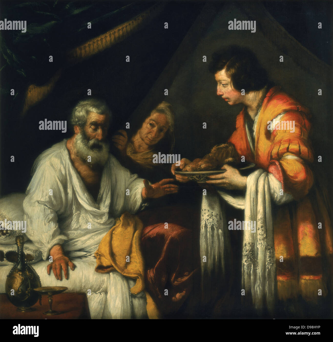 Isaak Segen Jakobs", Öl auf Leinwand. Gemälde von Bernardo Strozzi (c 1581-1644) italienischen Barock Maler. Blinden Jakob, alttestamentlichen Patriarchen, betrogen von Rebekka in Segen sein Sohn Jakob als Esau. Stockfoto