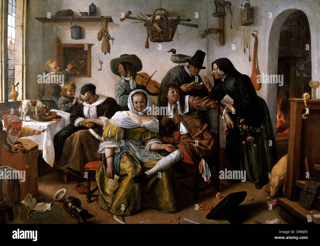 Die Welt auf den Kopf, Jan Steen (1663) Jan Havickszoon Steen (C. 1626 - begraben Februar 3, 1679) war ein niederländischer genre Maler des 17. Jahrhunderts (auch als der Niederländischen Goldenen Zeitalter bezeichnet). Psychologische Einsicht, Sinn für Humor und die Fülle der Farbe sind Kennzeichen seines Handels. Stockfoto