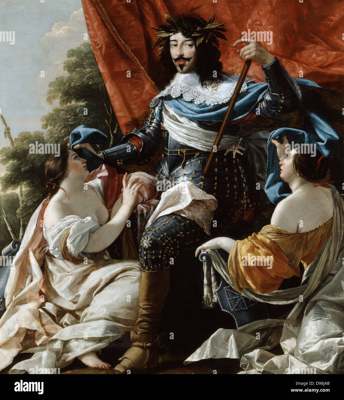 Louis XIII zwischen weiblichen Figuren, die für Frankreich und Navarra. Öl auf Leinwand von Simon Vouet (1590-1649), französischer Maler. Königreiche von Frankreich und Navarra vereinigten über den Beitritt von Heinrich von Navarra als Heinrich IV. von Frankreich, Louis' Vater, im Jahre 1589. Stockfoto