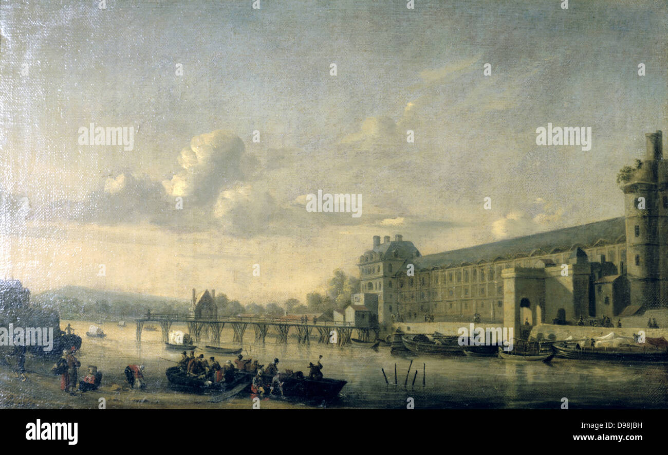 Blick auf die Seine und die Galerie des Louvre" c 1650. Reiner Nooms, genannt Zeeman (c 1623-1664) holländische Maler. Blick über den Fluss mit Wasser Verkehr in Richtung der Louvre, Paris. Stockfoto