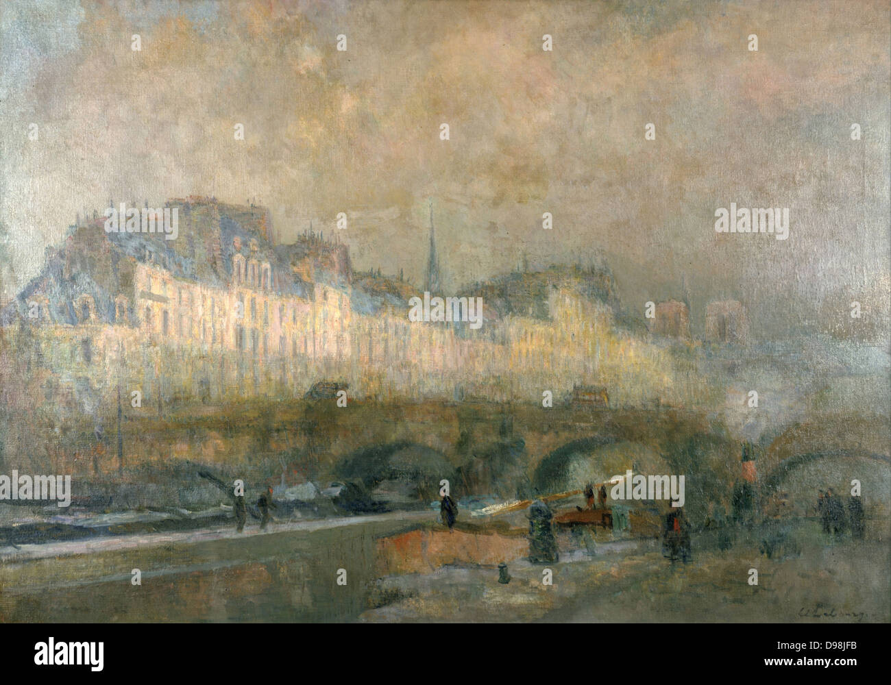 L'Ecluse de la Monnaie im Winter Sunshine', Paris. Charles Albert Lebourg (1849-1828), französischer Landschaftsmaler. Lastkähne auf dem Fluss Seine und gewölbte Brücke. Stockfoto