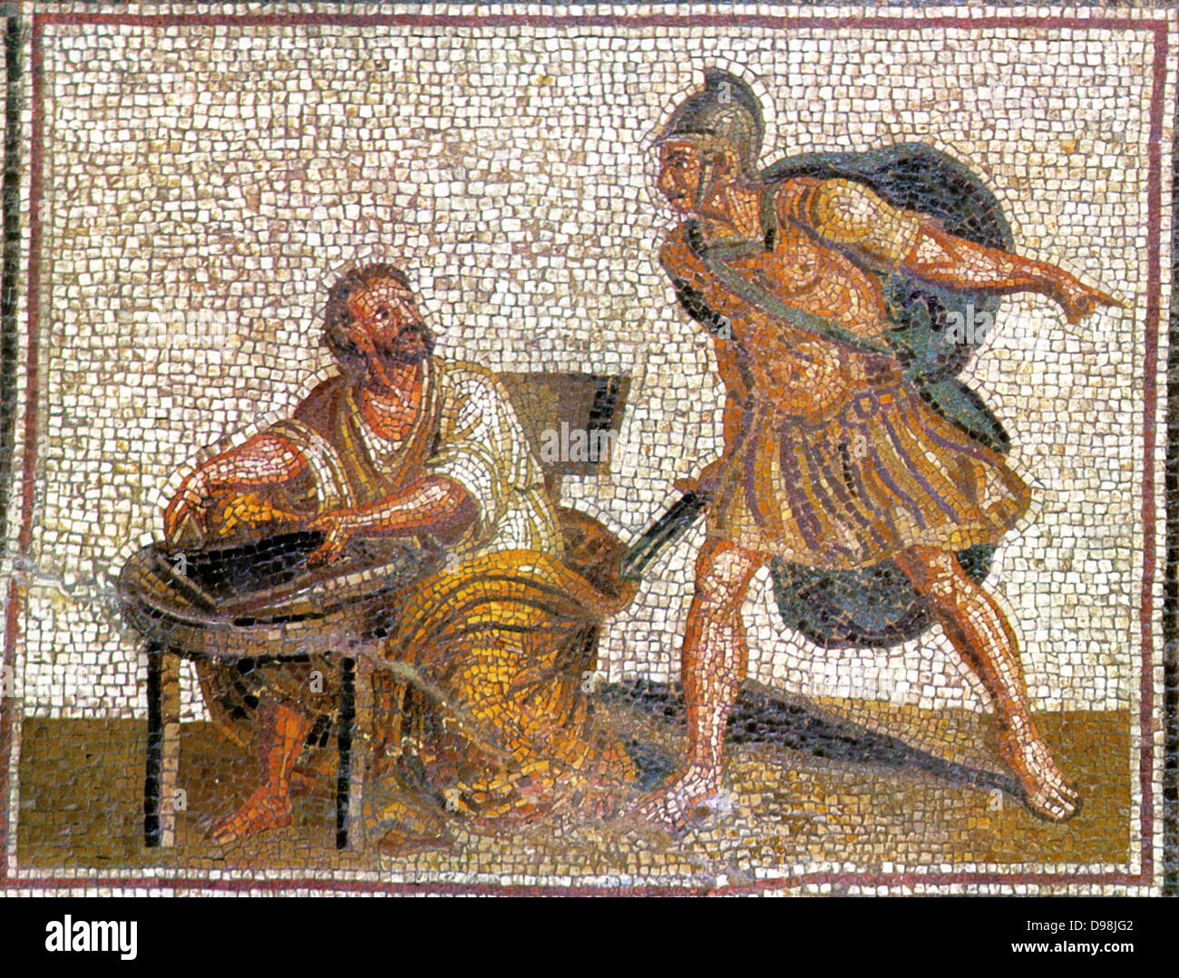 Die Ermordung des Archimedes. Ein römischer Soldat nähert sich mit einem Schwert zu töten, Archimedes 212 v. Chr. Stockfoto