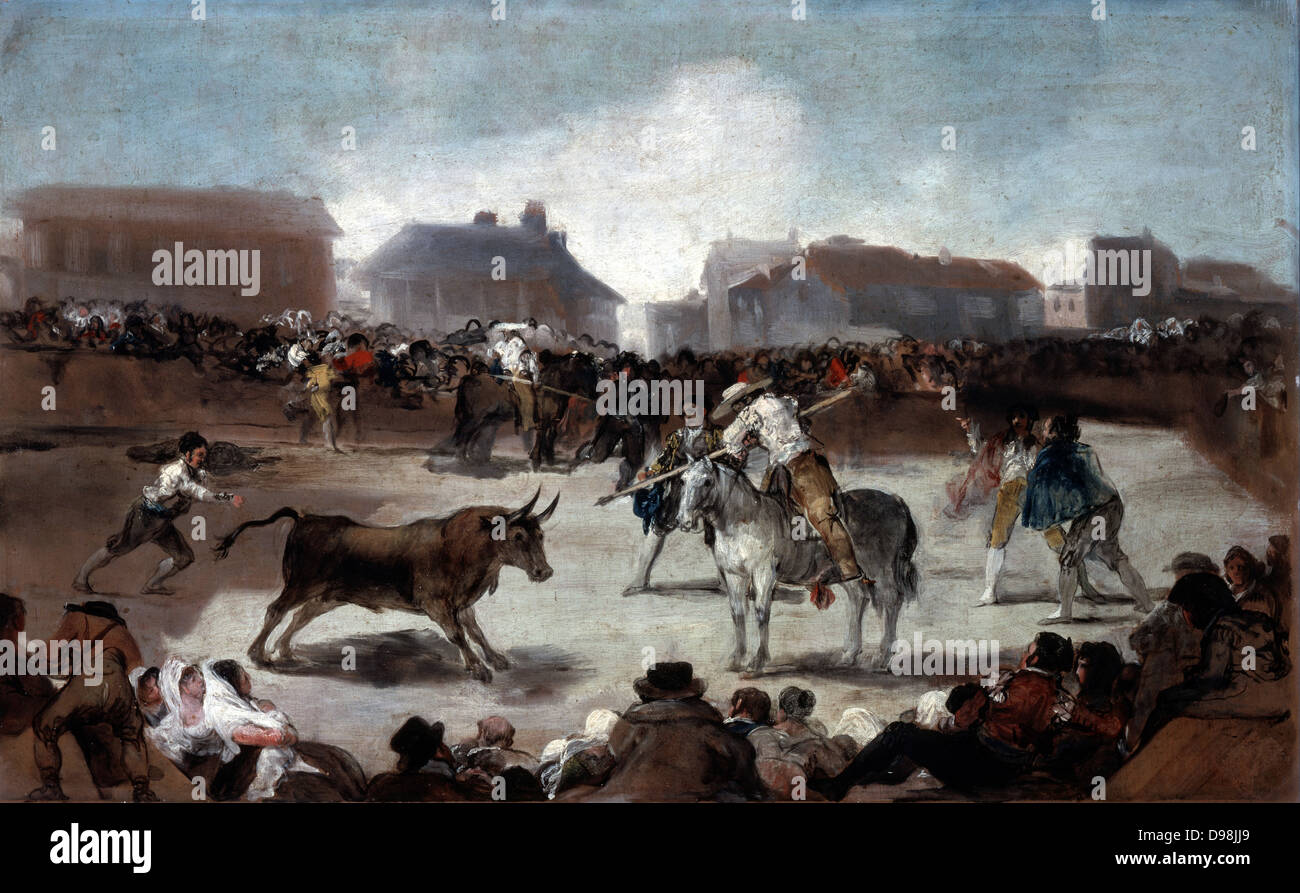 Ein Dorf Stierkampf", 1812-1814. Francisco Goya (1746-1828), spanischer Maler und Graphiker. Stierkampf, einem traditionellen Zuschauersport von Spanien, Portugal, Südfrankreich und Teilen von Lateinamerika hat Wurzeln in der prähistorischen Anbetung der Stier. Stockfoto
