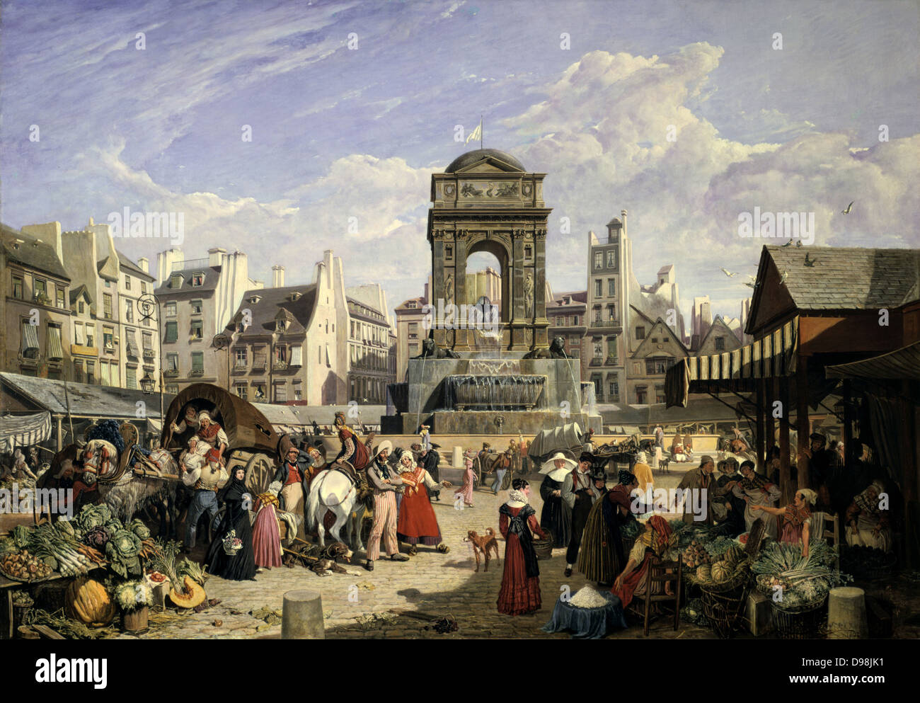 Blick auf den Markt und Brunnen der Unschuldigen", Paris, 1822. Öl auf Leinwand. John James Chalon (1778-1854) britische Maler. Belebten Markt Szene mit Obst und Gemüse Stände, Einkäufer und von Pferden gezogenen Wagen. Stockfoto