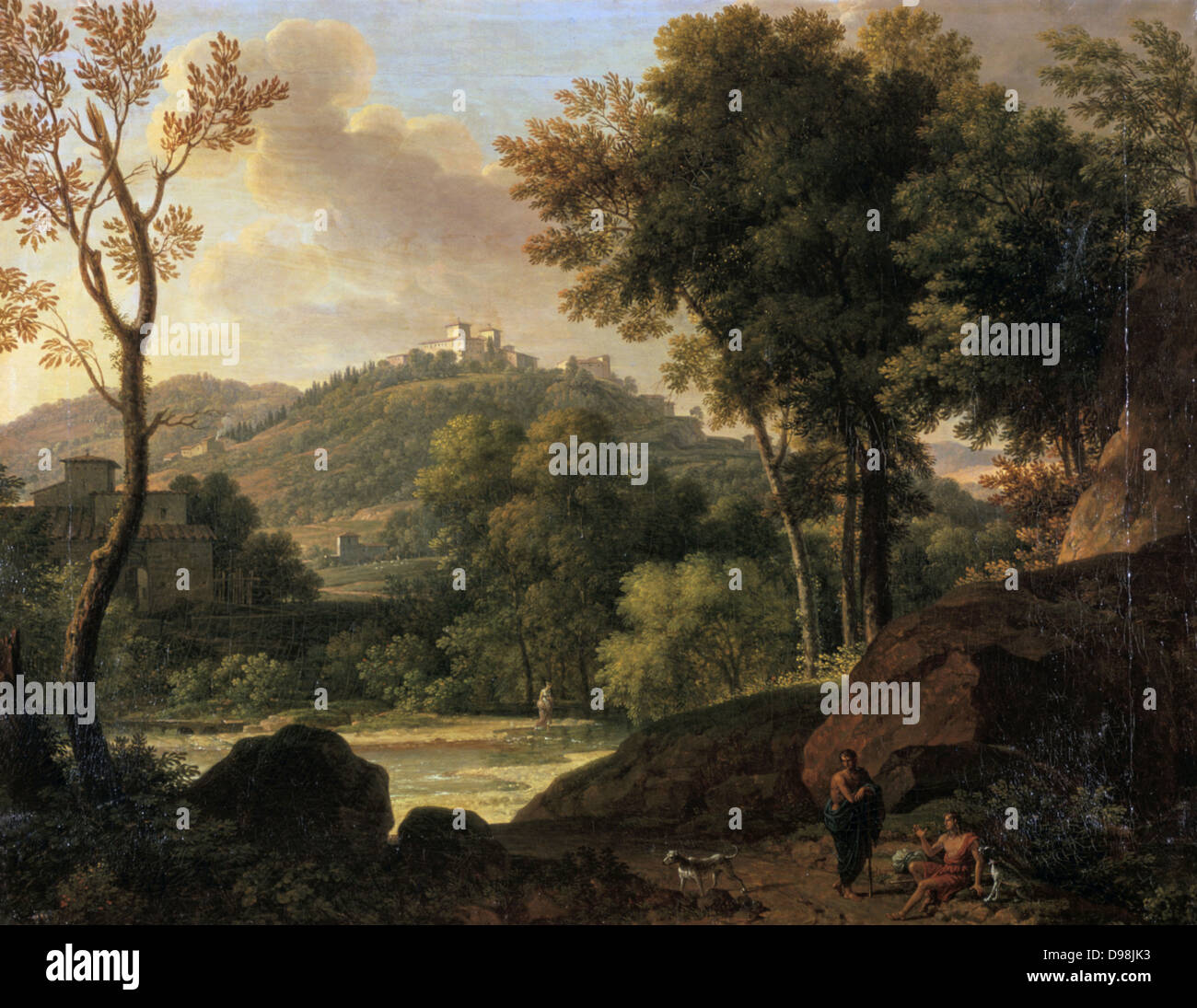 Umgebung von Florenz', Gemälde von Francois Xavier, Baron Fabre (1766-1837), französischer Künstler. Stream läuft, bewaldeten Landschaft durch Landschaft mit Hügeln und Villen. Zahlen mit Hunden in den felsigen Vordergrund. Stockfoto