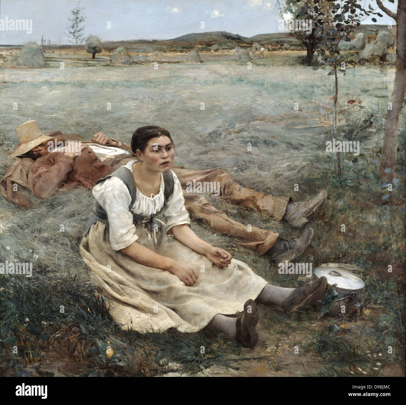 Die Haymakers': Jules Bastien-Lepage (1848-1884), französischer Maler. Mann und umgürtet, durch ihre Arbeit erschöpft, eine Pause. Im Hintergrund ist Heu in die Dämme gesammelt. Stockfoto