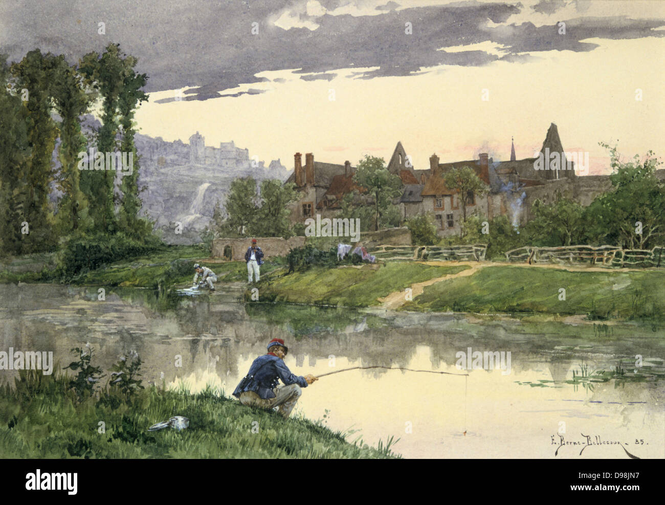 Soldaten durch einen Fluss', Aquarell. Etienne Bern Bellecour (1838-1910), französischer Maler. Im Vordergrund ein Soldat ist Angeln, während auf dem anderen Ufer ein anderes ist, seine Wäsche zu waschen. Stockfoto