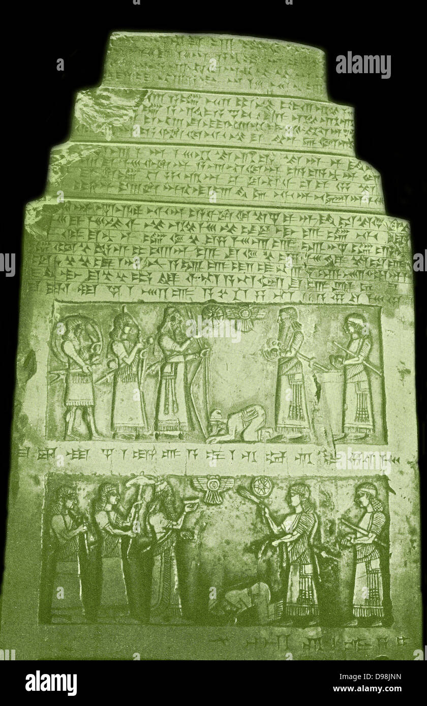 Jehu. Antike, des Königs von Israel. Er war der Sohn und Enkel des Nimsis. Herrschaft um 842-815 v. Chr., gezeigt, eine Hommage an den König Salmanasser II von einem Relief auf der Obelisk von Salmanasser II. Jehu, erhält den Status eines Vasallen und hat sich selbst zum König Salmanasser II auf der "schwarze Obelisk'' von Salmanasser II zu beugen, in 825 v. Chr. errichtet. Salmanasser II war König von Assyrien von 1031 v. Chr. bis 1019 v. Chr.. Er folgte seinem Vater, ASSURNASIRPAL I Stockfoto