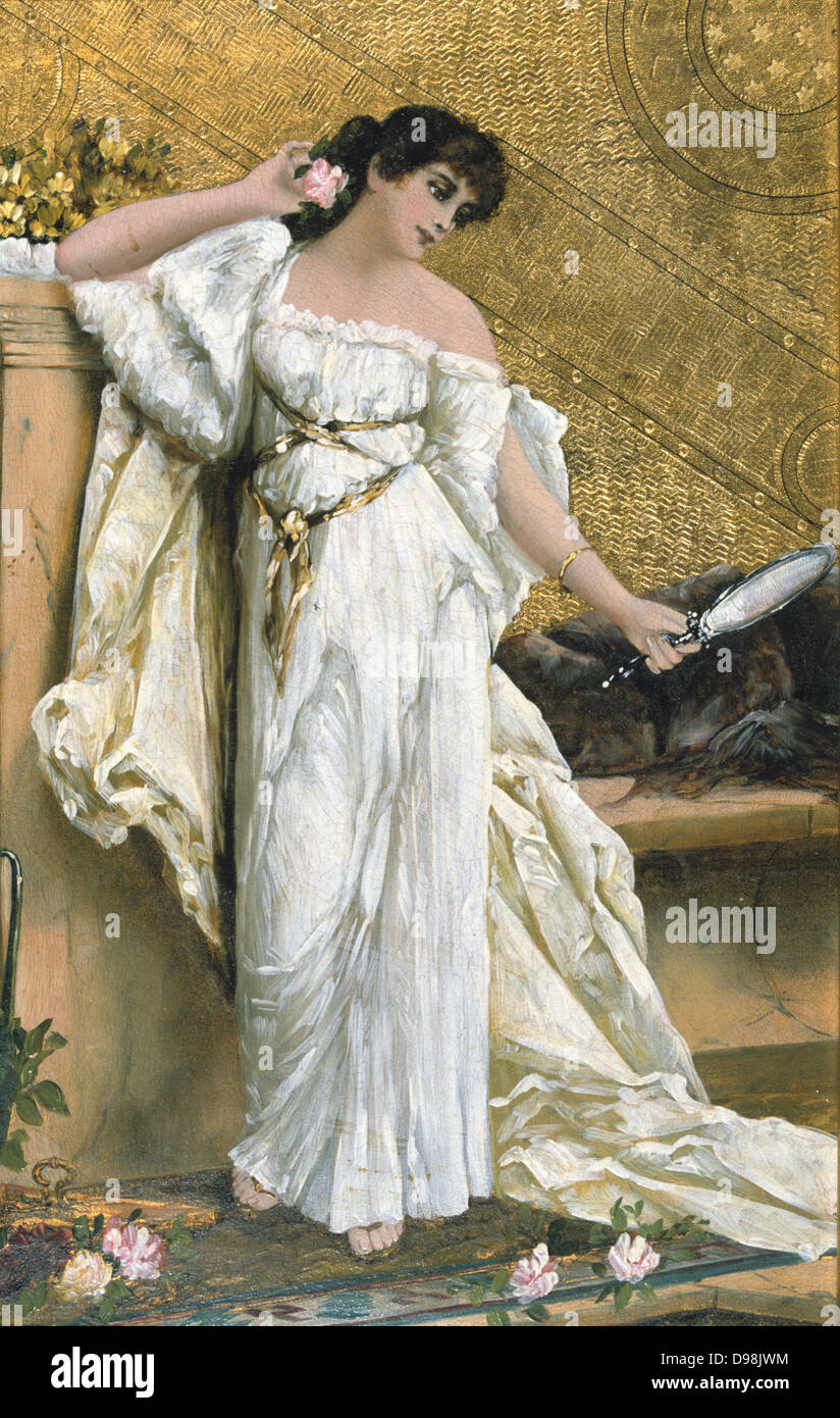 L'elegante': Französische Schule, 19. Eine modische dunkelhaarige Schönheit im griechischen Stil weißes Kleid mit Gold Ribbon, steht gegen eine Gold Hintergrund und hält einen mirrorto versuchen Wirkung der im Haar rose. Stockfoto