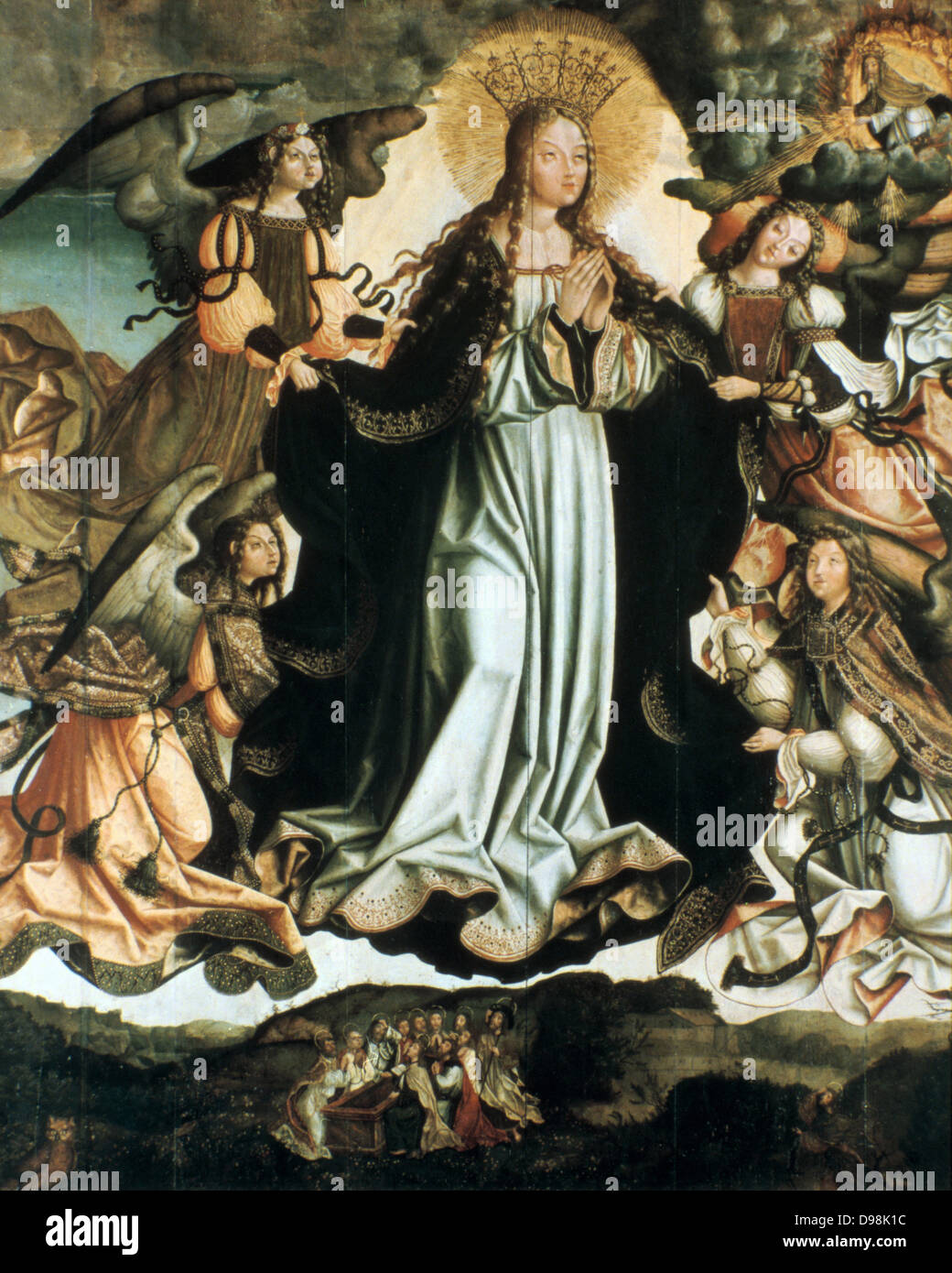 Himmelfahrt der Jungfrau': Werkstatt des Meister der Sardoal, Portuagal, 16. Engel tragen die Jungfrau Maria in den Himmel. Mitte vorne, trauernde Knien runden Ihr leeres Grab, nach oben. Stockfoto