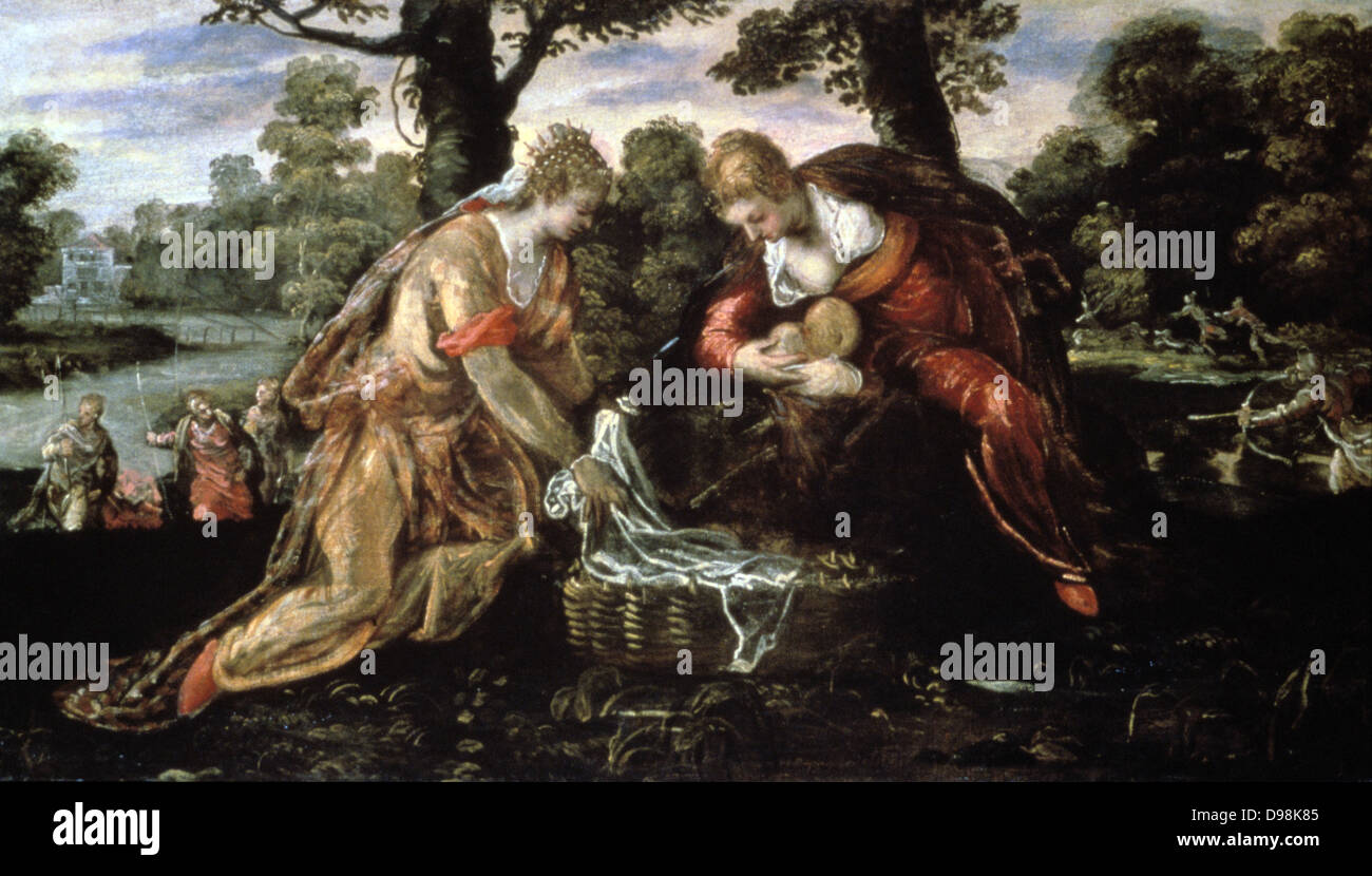 Die Entdeckung des Moses: Tintoretto, italienische manieristische Maler (ca.1518-1594) gemalten 1605 Öl auf Holz Stockfoto
