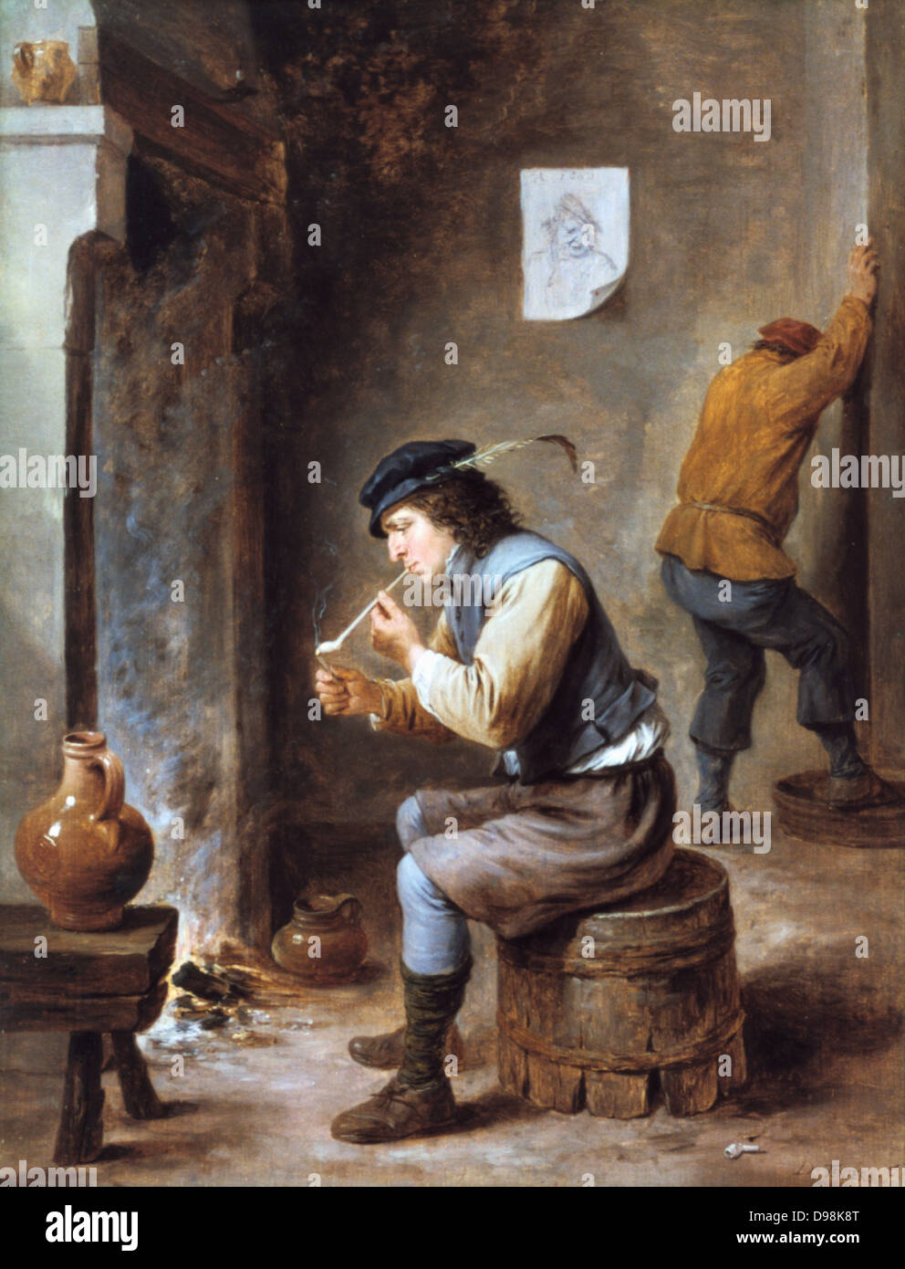 Raucher vor einem Kamin. Malerei von David Teniers der Jüngere (1610-1690) flämischen Künstler. Mann auf umgedrehten Barrel vor einem Feuer sitzt Beleuchtung eine Tonpfeife. Bauer häusliche Interieur Krug Keramik Tabak Stockfoto