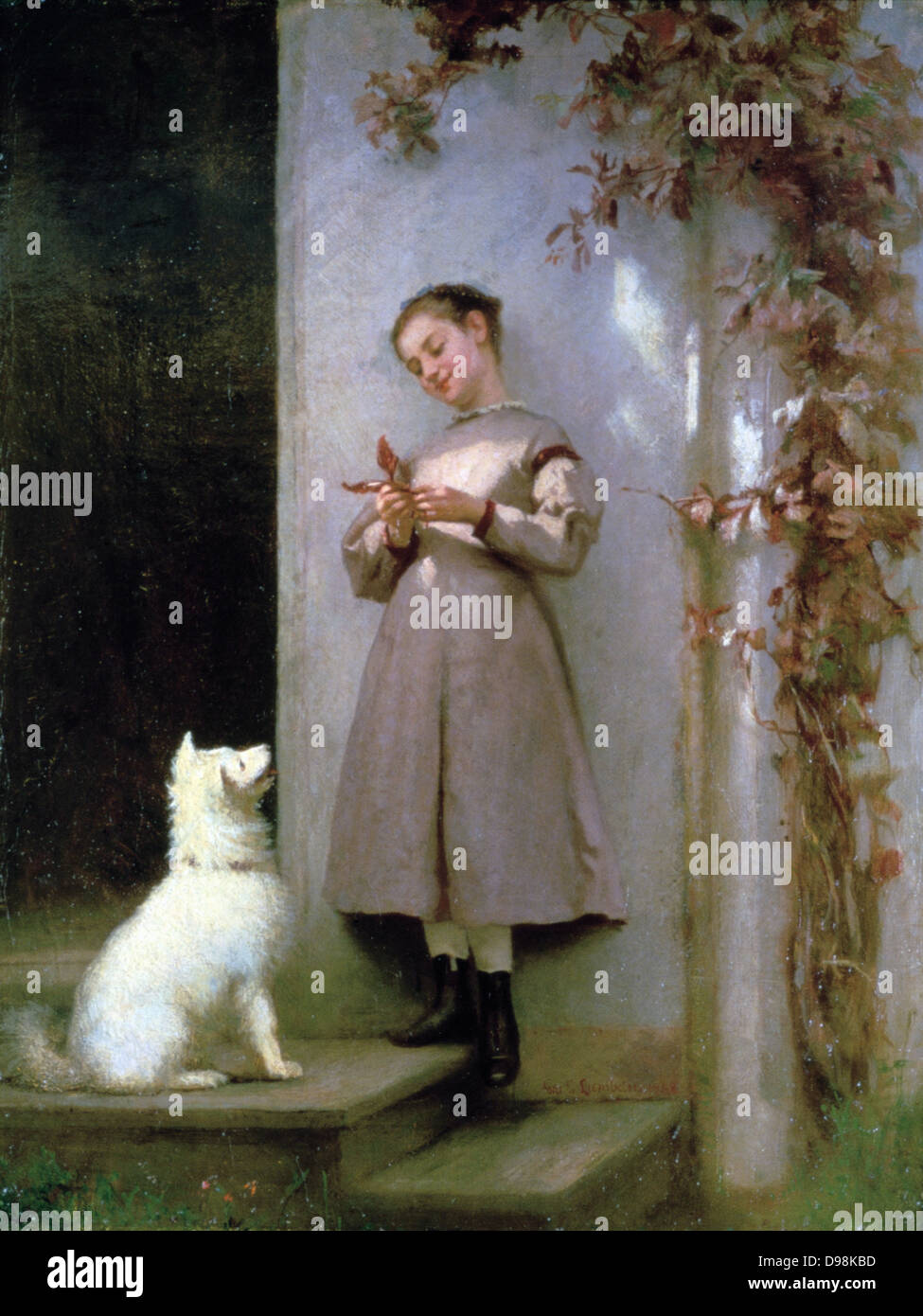 Spielkameraden", 1868. Öl auf Leinwand. George Cochran Lambdin (1830-1896), US-amerikanischer Maler. Lächelnden jungen Mädchen in Kalb - Länge Kleid und Knöchel - Stiefel stehend auf die Schritte. Ihr Haustier weißen Hund schaut zu ihr in der Erwartung. Jugend Kindheit Unschuld. Stockfoto