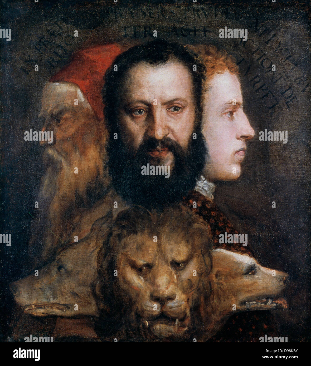 Allegorie der Klugheit" 1565-1575. Tizian, ein alter Mann; Orazio, sein Sohn, voll der Stärke; Marco, sein junger Neffe noch sein Zeichen zu machen. Tiziano Vecellio, Tiziano (c 1488/1490-1721) führenden Maler der Venezianischen Schule in der Italienischen Renaissance. Stockfoto