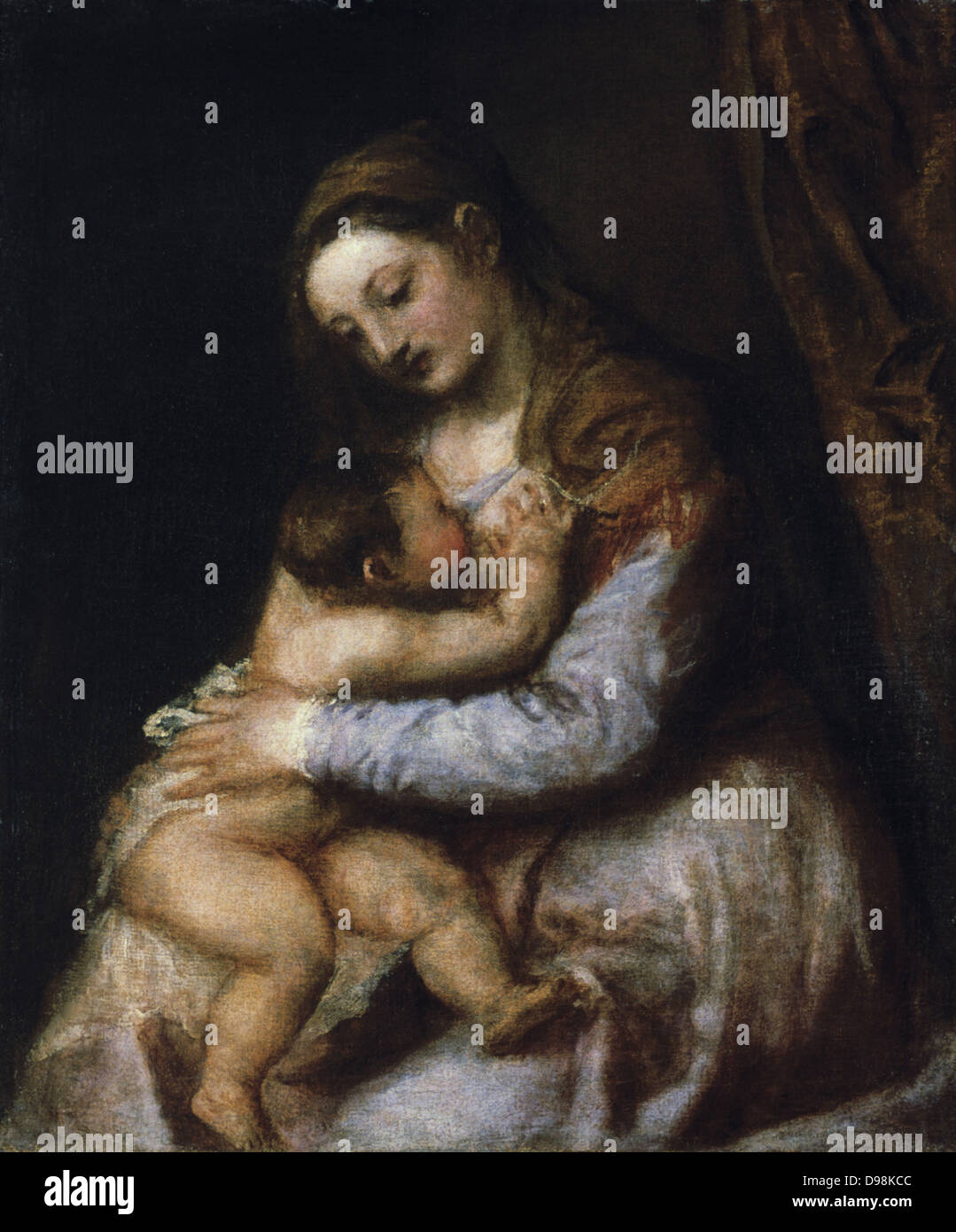 Madonna und Kind'. Tiziano Vecellio, Tiziano (c 1488/1490-1721) führenden Maler der Venezianischen Schule in der Italienischen Renaissance. Jungfrau Maria in blauem Kleid säugt das Kind Christus. Mutter Kind Religion Christ Stockfoto
