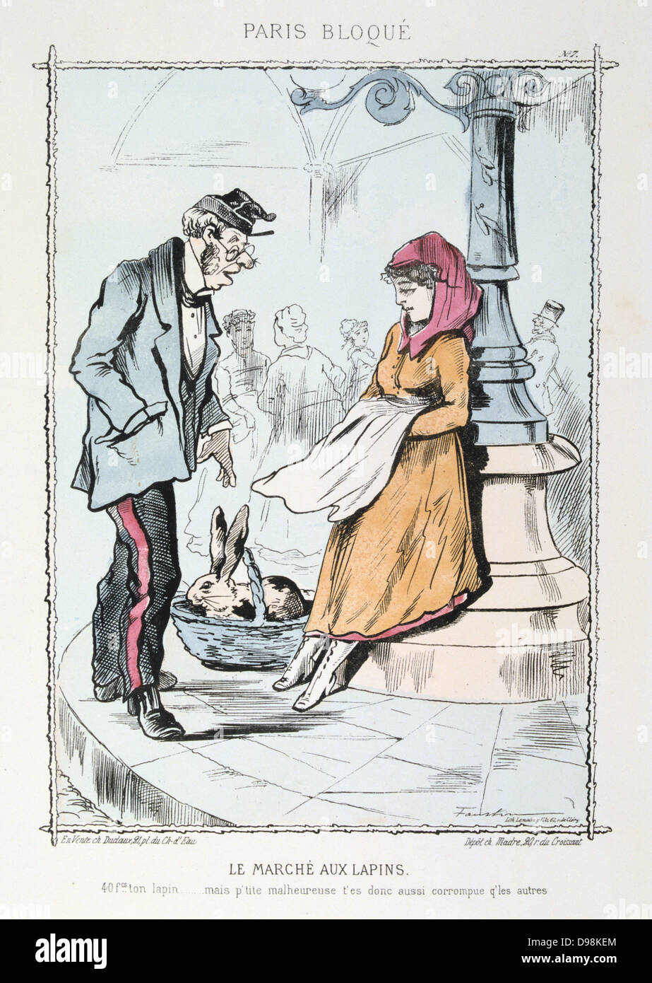 Deutsch-französischen Krieg 1870-1871: Belagerung von Paris vom 19. September 1870-28 Jan 1871. Das Kaninchen Markt: Kunden Abfragen der Preis von 40 Franken für ein Kaninchen. Von "Paris Bloque', Faustin Betbeder. Frankreich Deutschland Lebensmittelknappheit Hunger Stockfoto