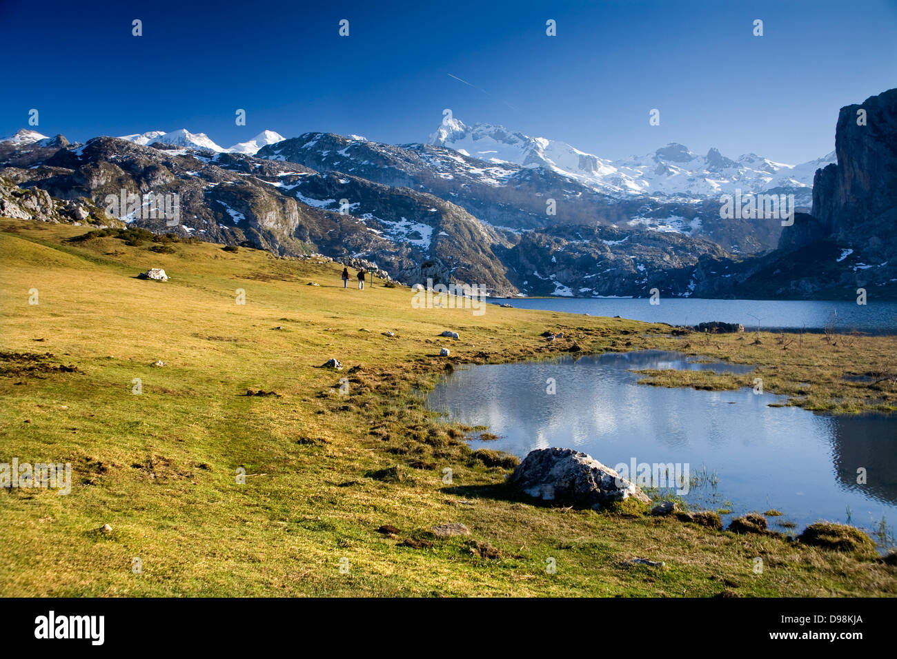 Ercina See und die Berge reichen in Picos de Europa Nationalpark, Asturien, Spanien, Europa. Stockfoto