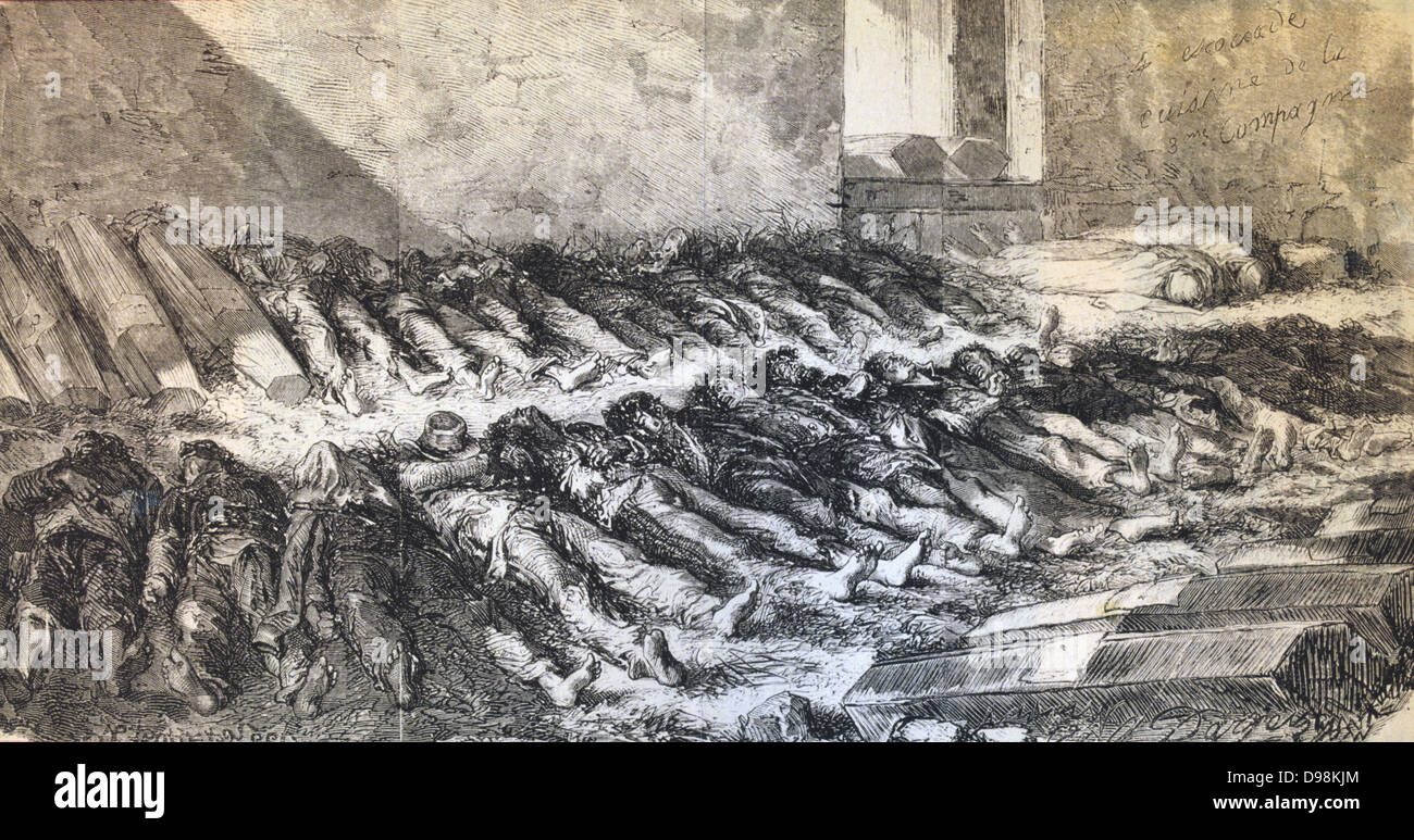 Pariser Kommune 26 März-28 Mai 1871. Körper des Toten communades vorübergehend in einem leichenschauhaus nach Regierungstruppen die Kontrolle über Paris wieder nach dem, was als die blutige Woche bekannt wurde. Holzstich. Stockfoto