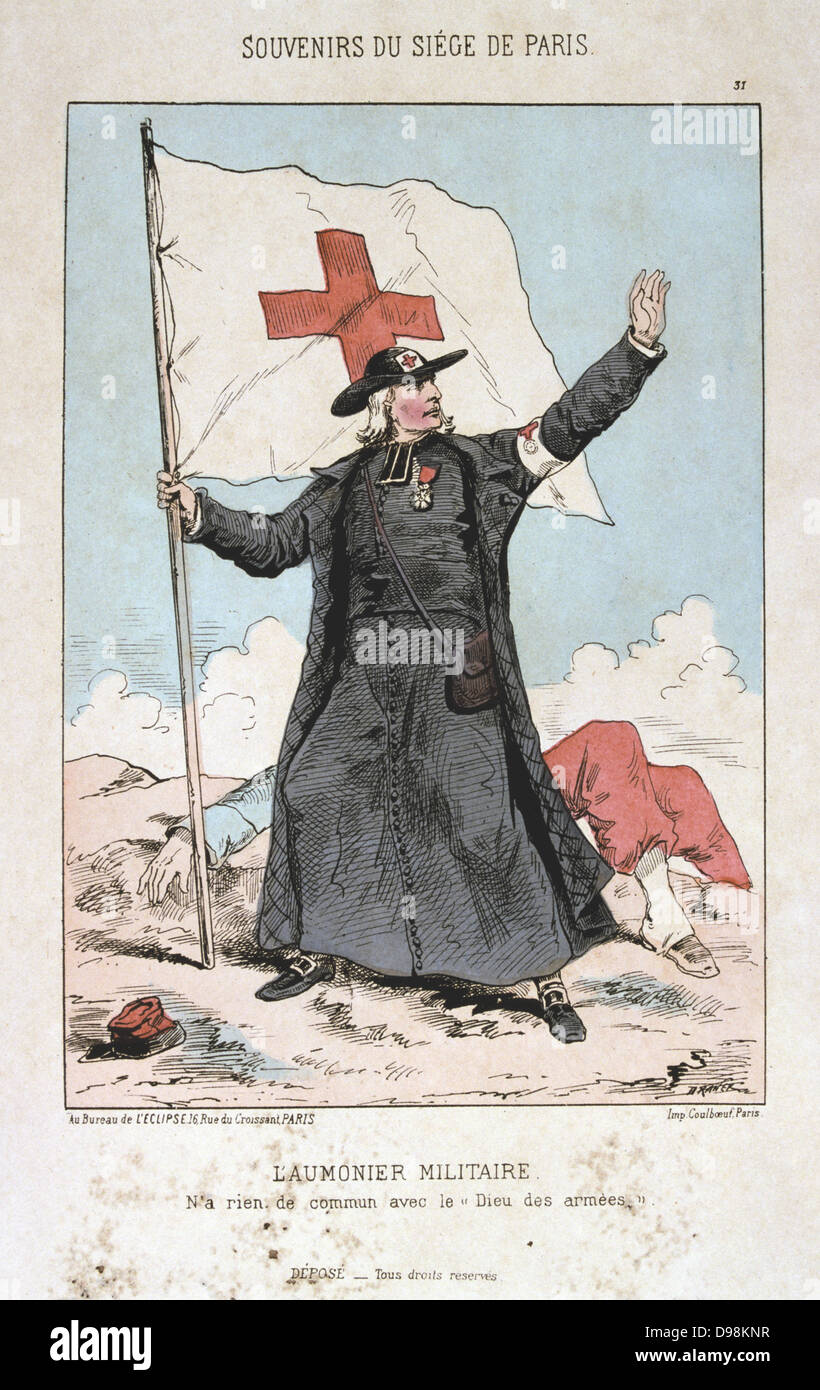 Deutsch-französischen Krieg 1870-1871: Belagerung von Paris vom 19. September 1870-28 Jan 1871. Armee Kaplan neben einem gefallenen Soldaten, die unter der Flagge des Roten Kreuzes. Von ouvenirs du Belagerung de Paris" von Jules Renard Draner. Frankreich Deutschland Stockfoto