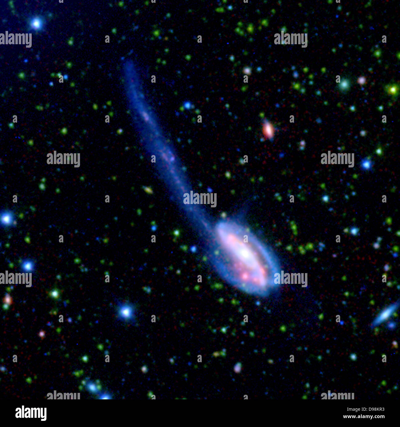 Spitzer Wide-area Infrarot Extragalaktische (SWIRE) Legacy Bild der Kaulquappe Galaxy. Obwohl diese galaktischen Fusionen in der jüngeren Geschichte des Universums sind selten, Astronomen glauben, dass Sie viel mehr im frühen Universum üblich waren. So SWIRE Teammitglieder dieses detaillierte Bild der Kaulquappe Galaxy verwendet, um die Art der "schwach rot-orange Flecken' des frühen Universums zu verstehen. Stockfoto