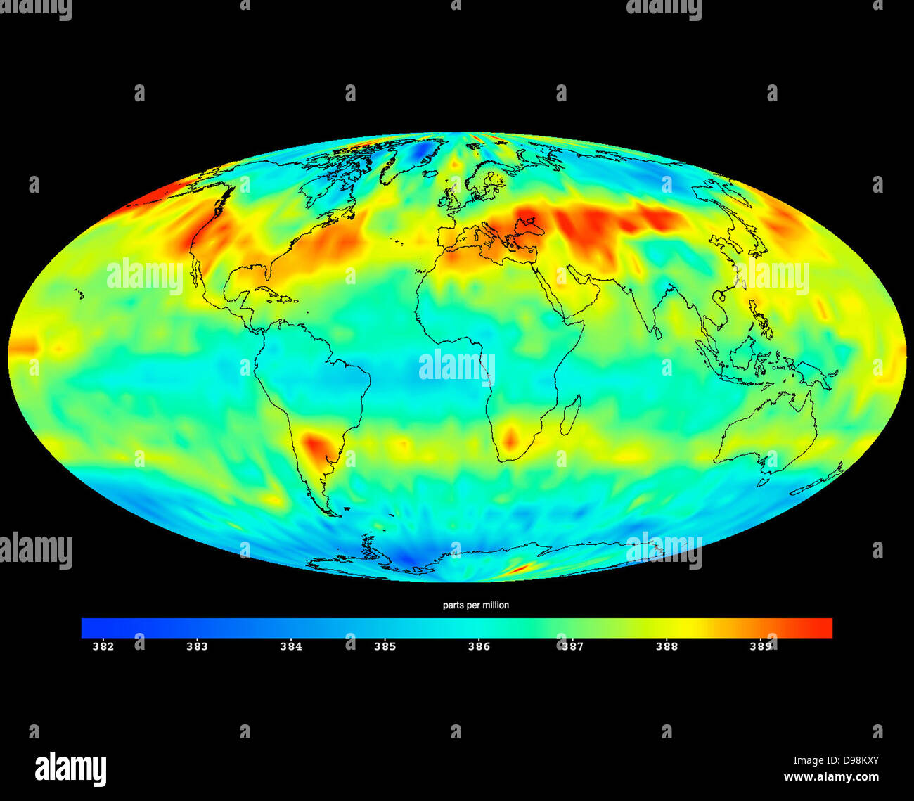 Bild erstellt mit Daten, die durch das Atmospheric Infrared Sounder Instrument (AIRS) am Aqua-Satelliten der NASA im Juli Stockfoto