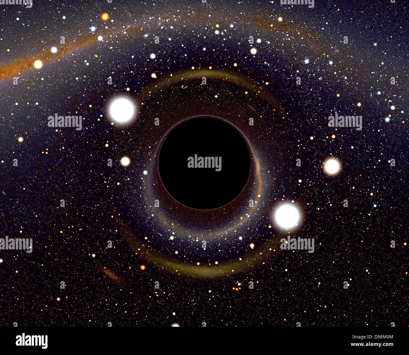 Computer Bild, wenn ein schwarzes Loch das Licht aus jeder Richtung um und kommt zu Ihnen zurück gebogen wird. Der ursprüngliche Hintergrund Karte wurde von den 2 Masse infrarot Sky Survey, mit Stars aus der Henry Draper Katalog überlagert. Schwarze Löcher sind dachte die dichtesten Zustand der Materie zu werden, und es gibt indirekte Beweise für ihre Anwesenheit in der stellaren binären Systemen und die Zentren der Kugelsternhaufen, Galaxien und Quasare. Stockfoto