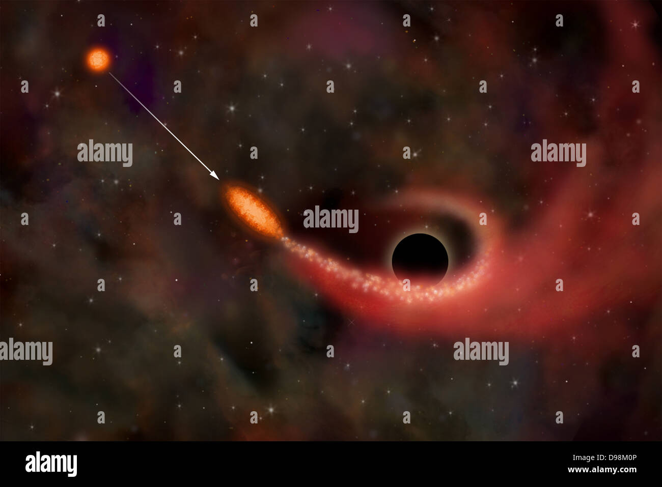 Röntgenstrahlen zeigen Sterne durch schwarzes Loch aufgerissen. Riesige schwarze Löcher in den rechts Massenbereich würde auf der Vorderseite ziehen ein Stockfoto