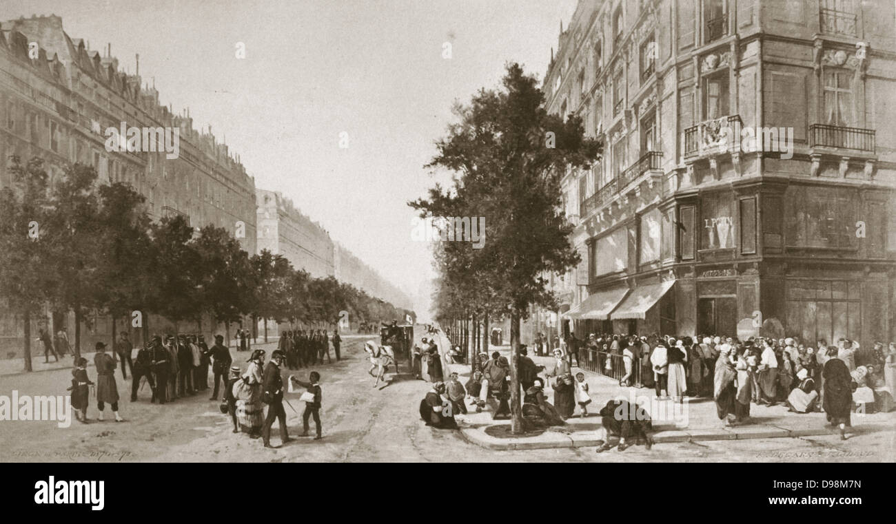 Franco-Preussischer Krieg 1870-1871: Schlangen vor Paris Lebensmittelgeschäft Einkaufen, 1870. Stockfoto