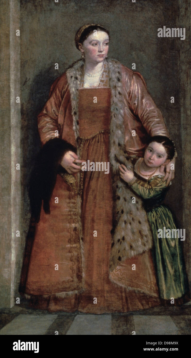 Lucia Thiene und ihre Tochter, Vezia. Öl auf Leinwand. Paolo Veronese (1528-1588) Maler der italienischen Renaissance. Frau in rostigen rosa Kleid und surcoat mit Pelzbesatz hat sich den Arm um die Schultern der kleinen Mädchen in Grün. Eltern Mutter Kind Stockfoto