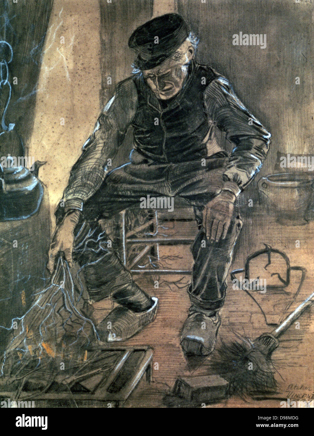 Alter Mann Kindling Holz" 1881. Mixed Media. Vincent Van Gogh (1853-1890) Dutch Post-Impressionist Künstler. Inland innere Feuer Wasserkocher Wärme Stockfoto