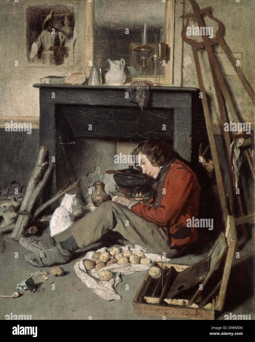 Der Artist Studio" 1845. Öl auf Leinwand. Octave Tassaert (1800-1874) Französische genre- und Porträtmaler. Künstler und seine weiße Katze vor dem Feuer auf der Sitzung ist ein Kochtopf. Argand Lampe am Kaminsims. Paint Box Aufsteller Stockfoto