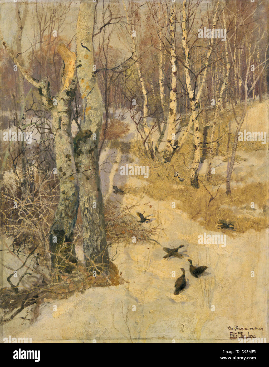Woodland Pfad unter Schnee. Öl auf Leinwand. Fritz Thaulow (1847-1906), norwegischer Maler. Winter kalt Spiel Vogel Fasan Baum Birke Stockfoto