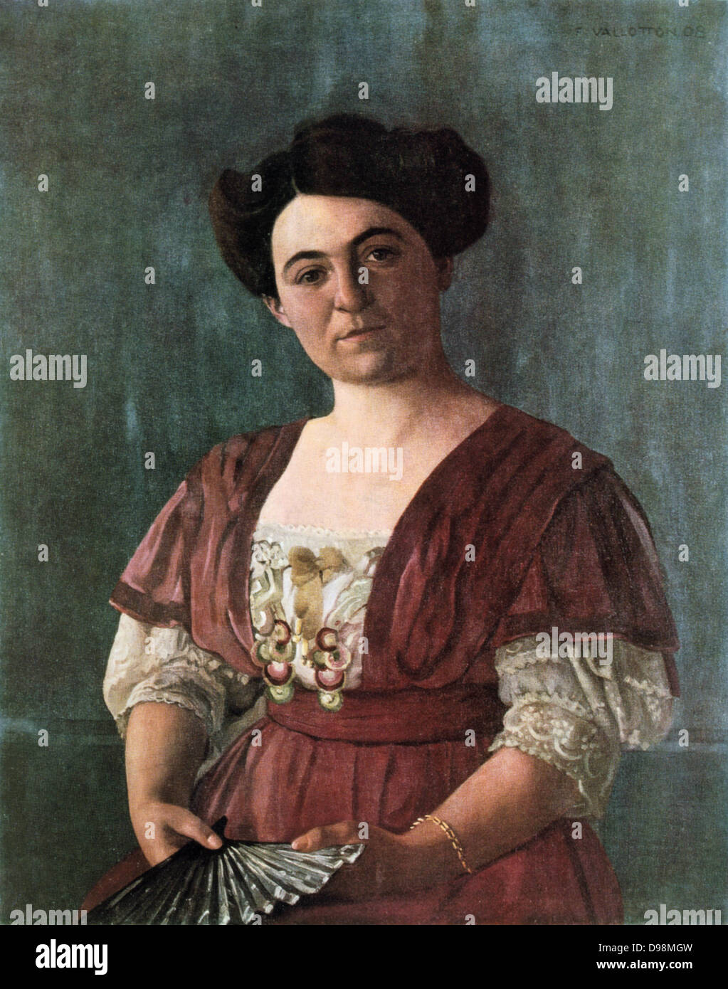 Porträt der Madame Hasen' 1908. Öl auf Leinwand. Felix Edouard Vallotton (1865-1925), Schweizer Maler und Grafiker, verbunden mit Les Nabis. Mode Kleid Spitze Ventilator Stockfoto