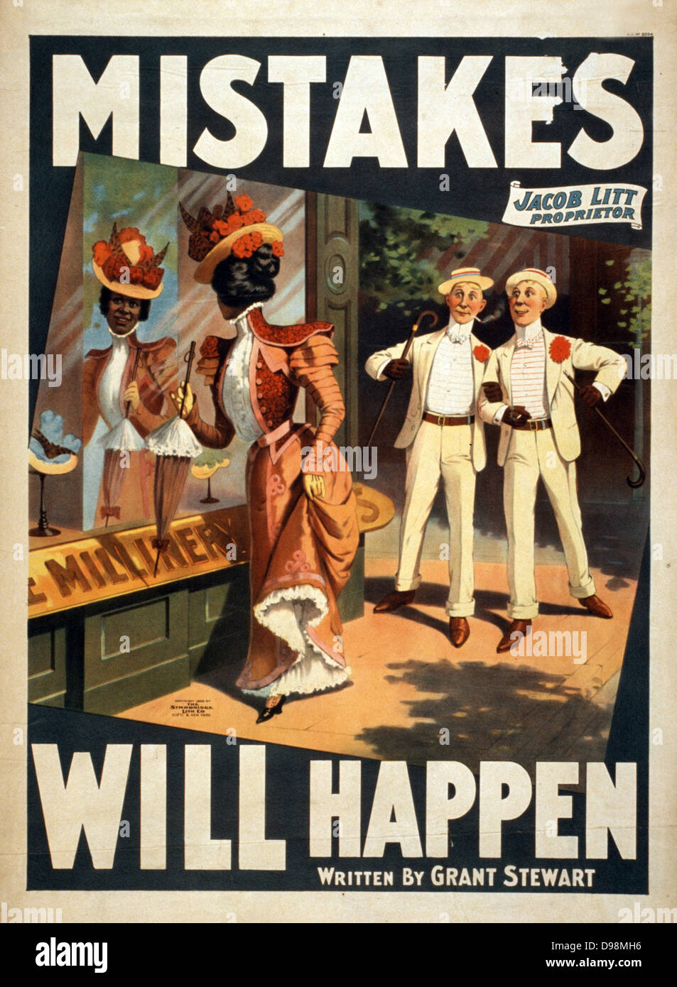 Fehler c 1905 geschehen. (Poster): Lithographie. American Theatre poster Mit Afrikanisch-amerikanische Frau, die in einem Shop anstarren, während zwei weiße Männer schauen auf die in der Überraschung Stockfoto