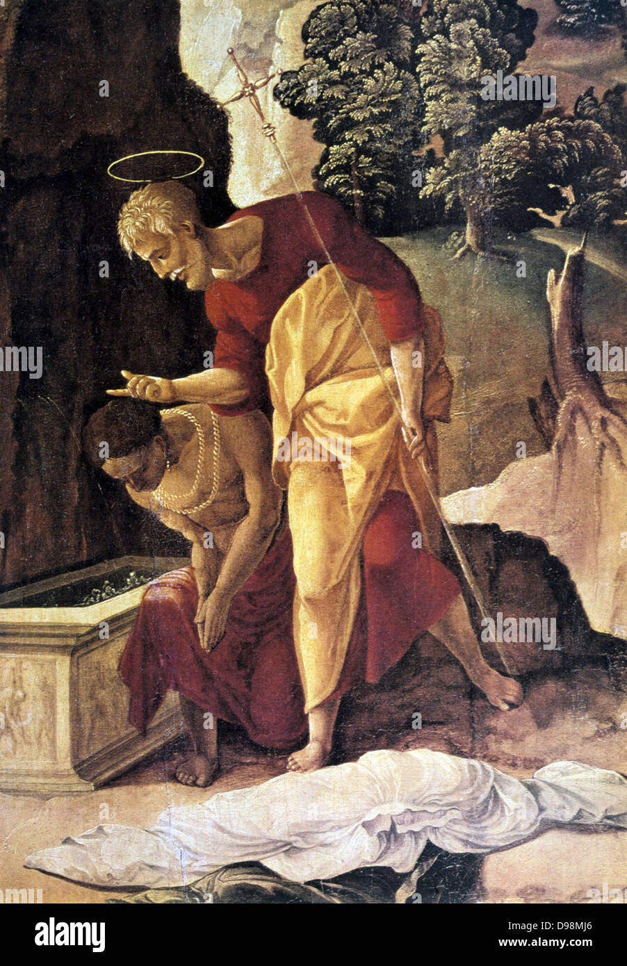 St Philip der Apostel Taufen der Eunuchen" (Detail) Öl auf Holz. Jan Van Scorel (1495-1562) niederländischer Maler. Sollte Anfang der äthiopischen Kirche. Wasseraufbereitung Halo Stockfoto