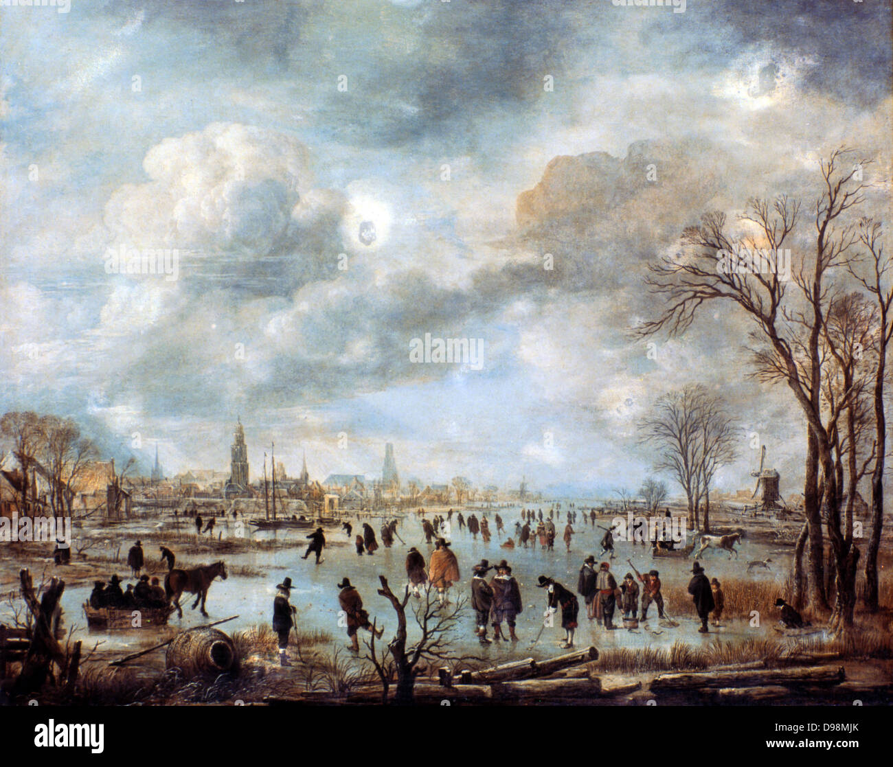 Fluss Szene im Winter 'c 1660. Öl auf Leinwand. Aert van der Neer (c 1603-1677) holländische Maler. Gefrorene Landschaft mit skatern, von Pferden gezogenen Schlitten, Männer spielen ice Golf/Hockey auf dem Fluss. Stockfoto