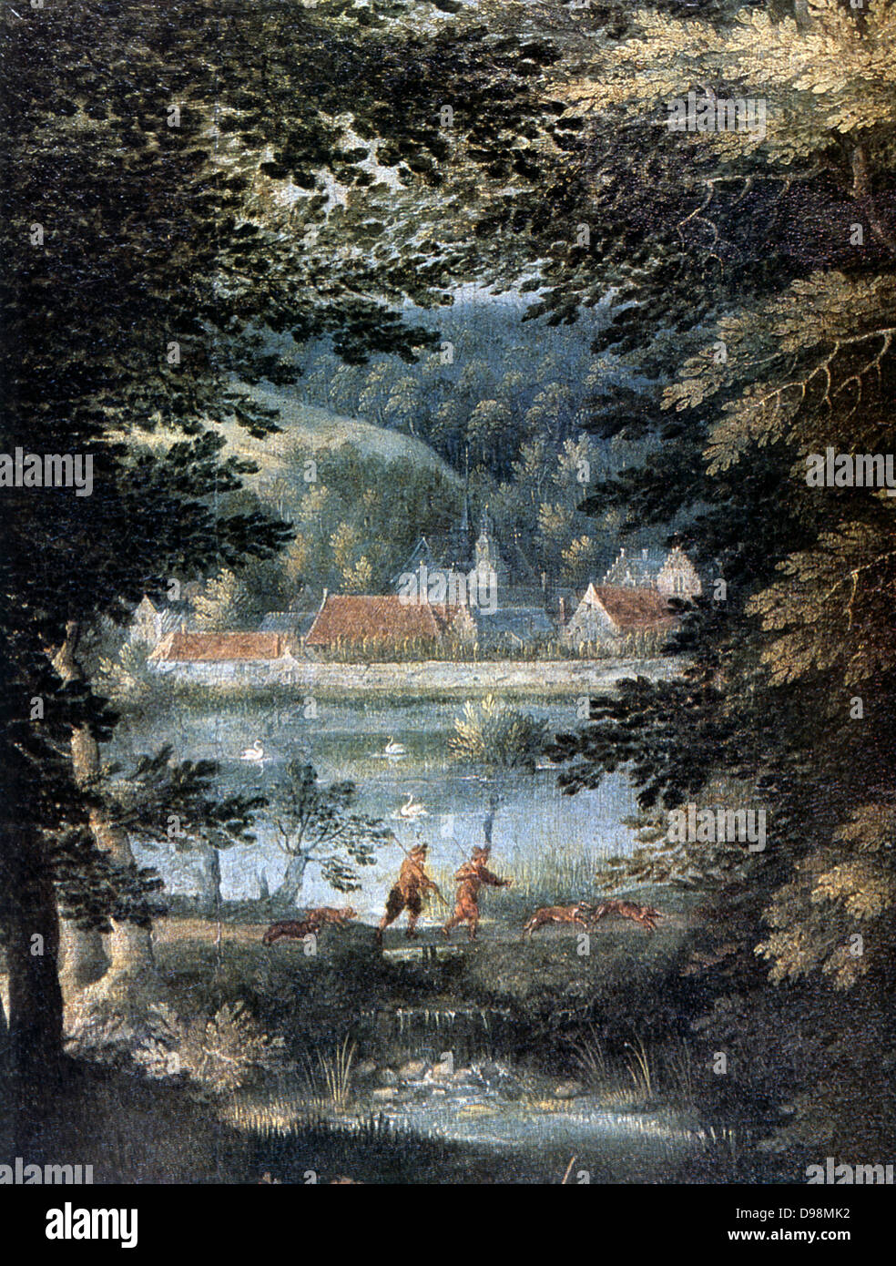 Waldlandschaft mit Blick über den Teich in die Kirche und rote überdachte Gebäude. Im Vordergrund zwei Bauern wandern mit Jagdhunde. Öl auf Leinwand. Gillis van Coninxloo (1544-1607) holländische Maler der Wälder und Landschaften. Stockfoto