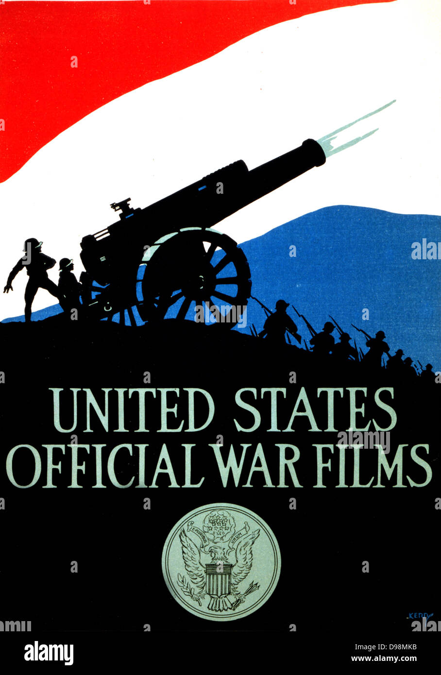 United States offizielle Krieg Filme [1917] Poster mit Silhouette von Soldaten und feuern Kanone gegen einen roten, weißen und blauen Himmel, mit United Dichtung unter Staaten. Der erste Weltkrieg Stockfoto