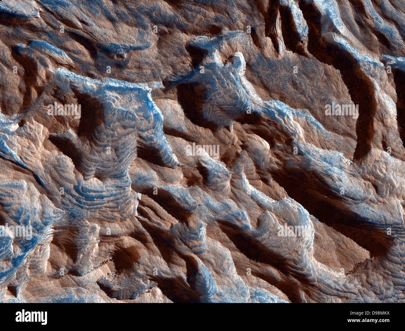 Becquerel Krater gehört zu mehreren Einschlagskrater in Arabien Terra, auf dem Mars, die Licht-getönten geschichtete Ablagerungen entlang der Stockfoto